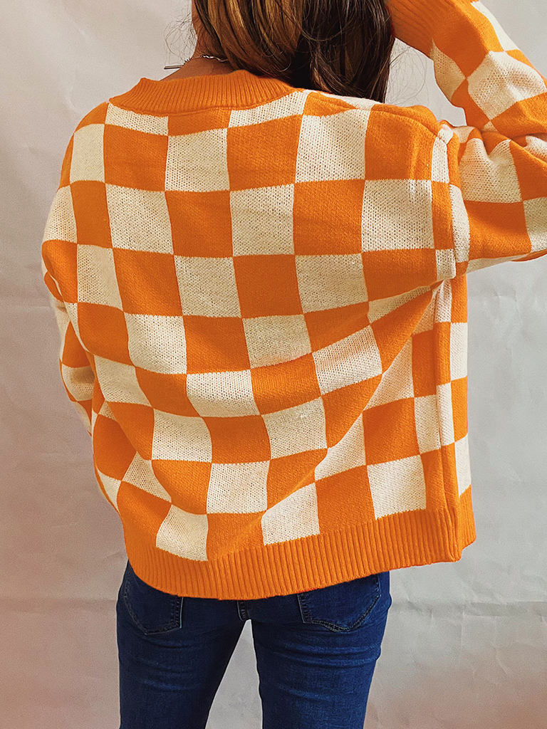 Checkerboard Contrast Single Breasted Drop Sleeve Sweater Cardigan