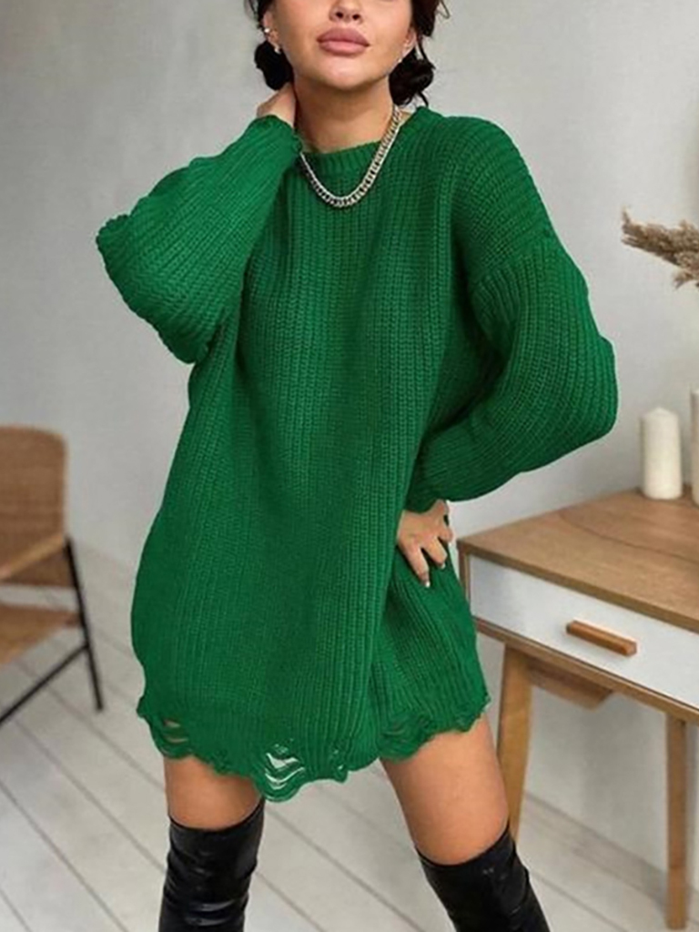 Knit Pullover Ripped Hem Loose Mid Length Sweater- No Belt