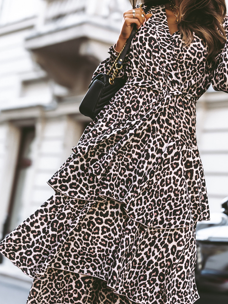 Women's Women's High Waist Elegant Cake Dress Long Sleeve Leopard Dress