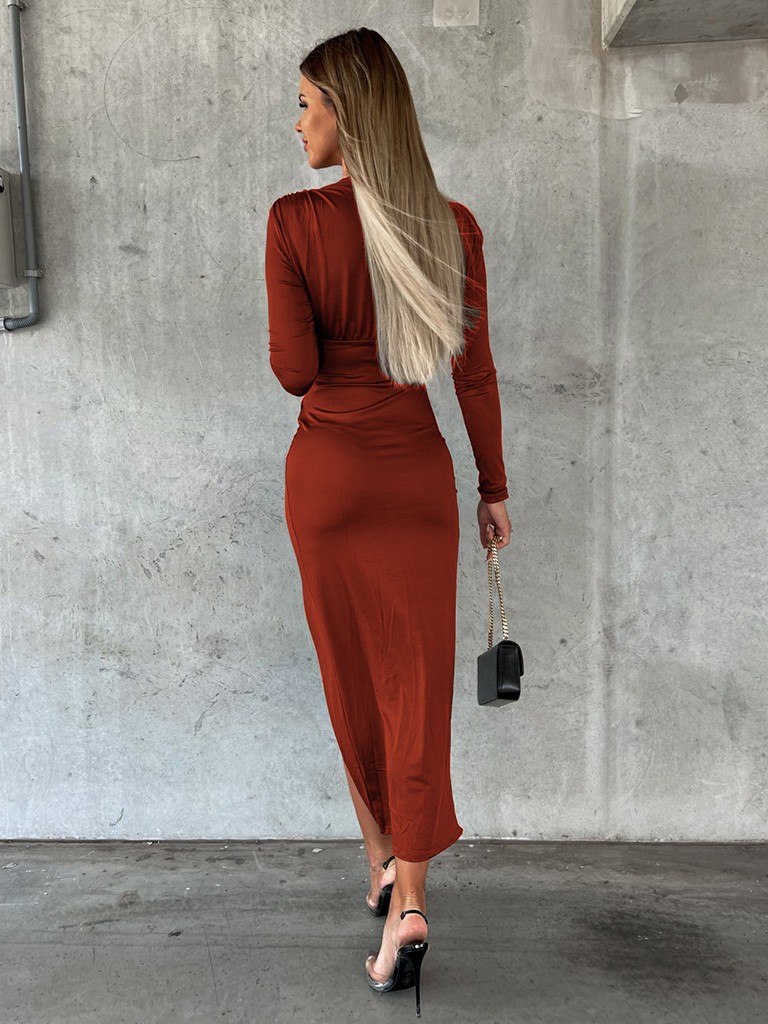Women's Sexy Slit V-Neck Solid Color Long Sleeve Dress