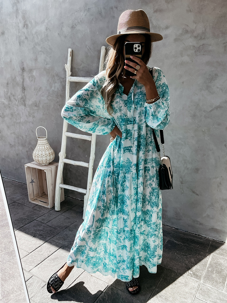Women's Fashion Print Ruffle Neck Long Sleeve Resort Dress