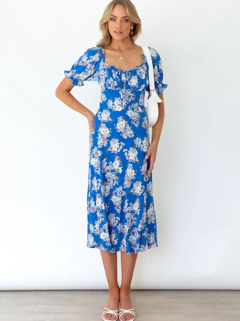 Women's Square Neck French Balloon Sleeve Printed Waist Dress
