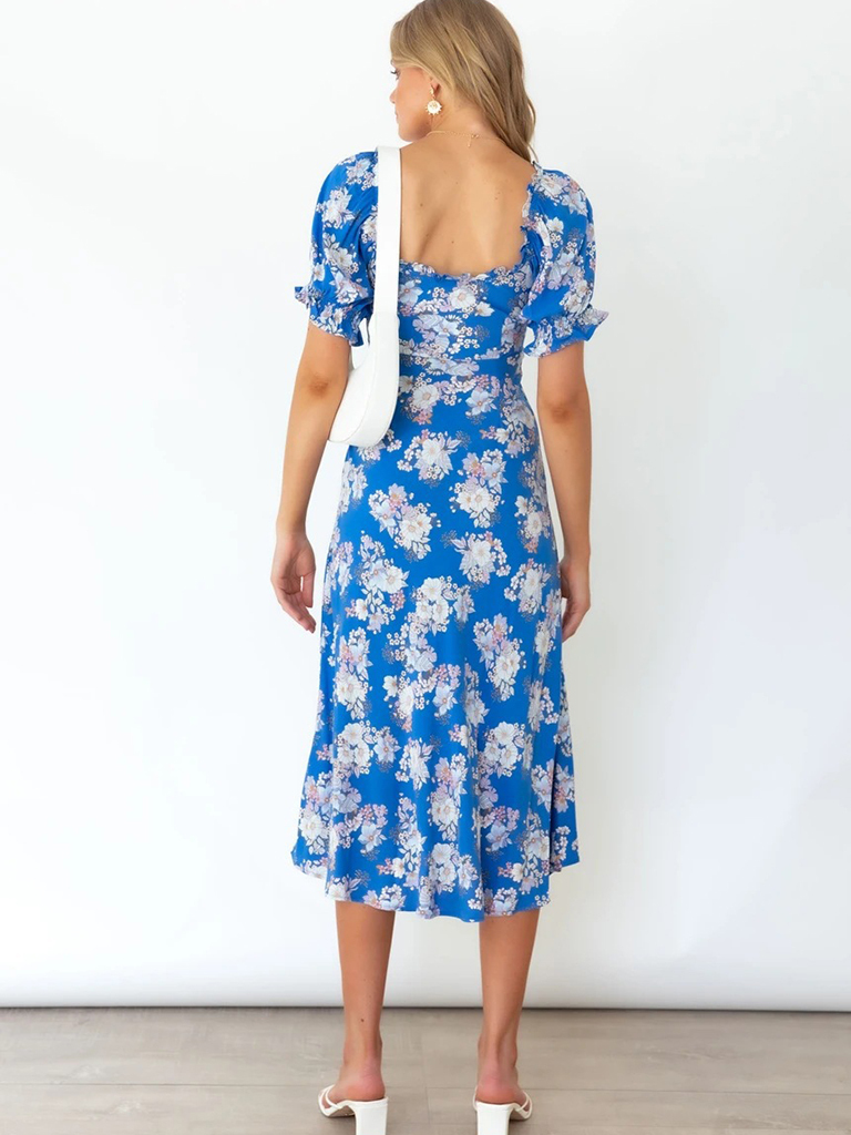 Women's Square Neck French Balloon Sleeve Printed Waist Dress