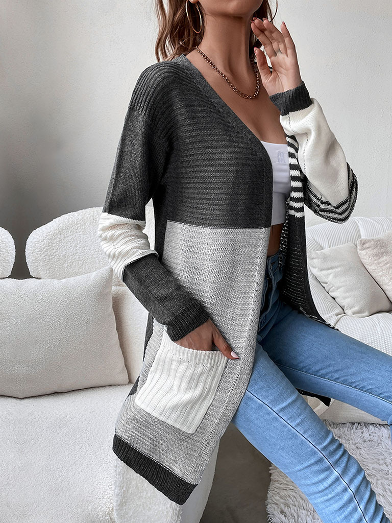 Women's striped color blocking buttonless knit cardigan