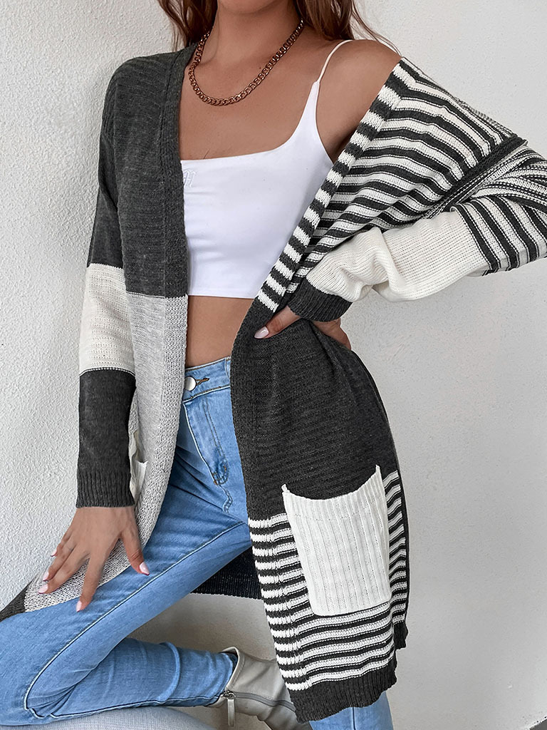 Women's striped color blocking buttonless knit cardigan