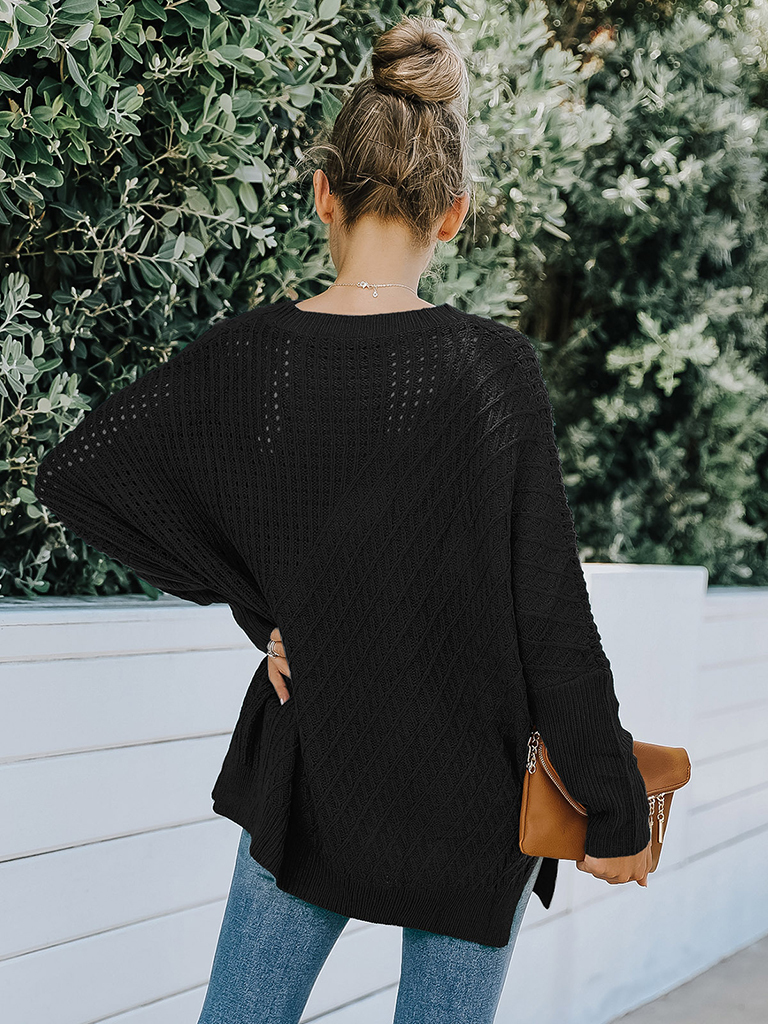 New round neck long sleeve hollow knitwear women's loose sweater winter