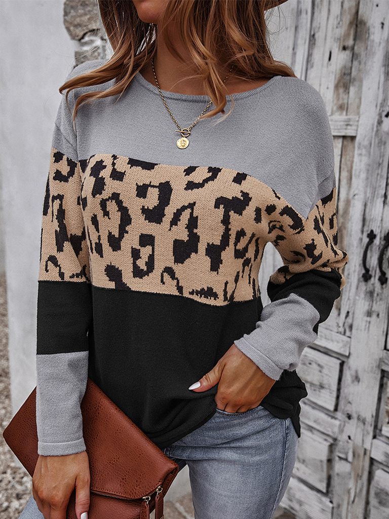 Women's leopard print stitching sweater long sleeve soft warm top
