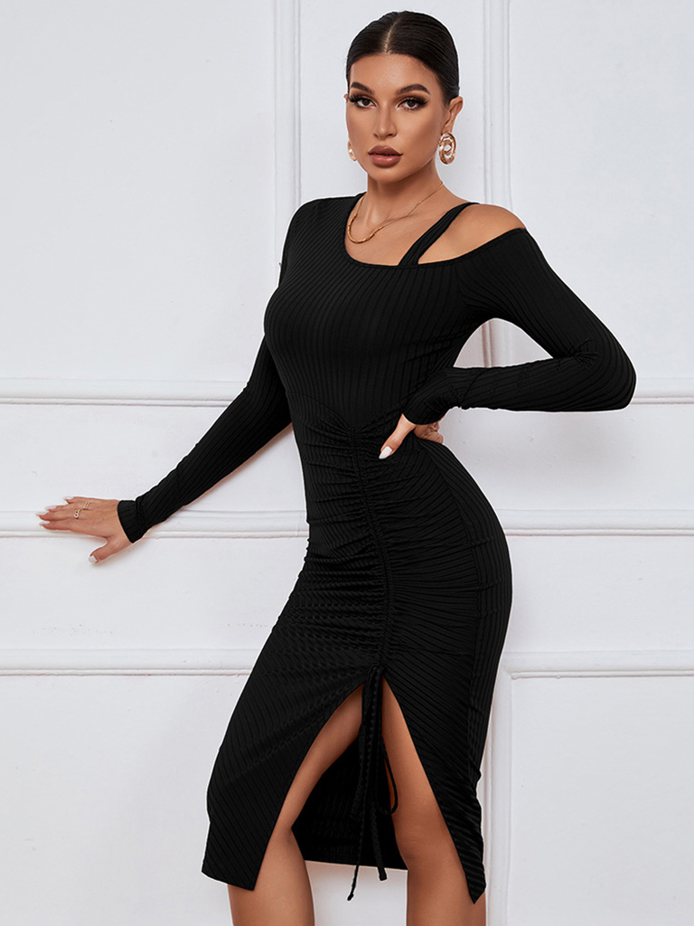 Open shoulder strapless package hip long sleeve sexy dress