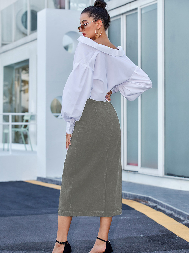 New Button Irregular Slit Denim High Waist Skirt