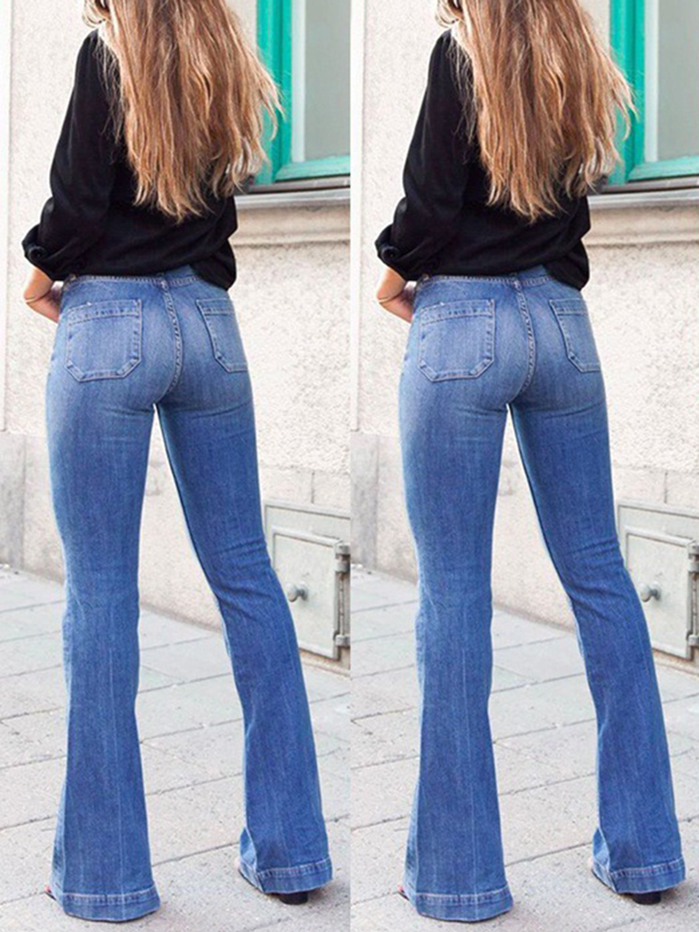 Women's trendy slim fit patch pockets slim high waist flared trousers