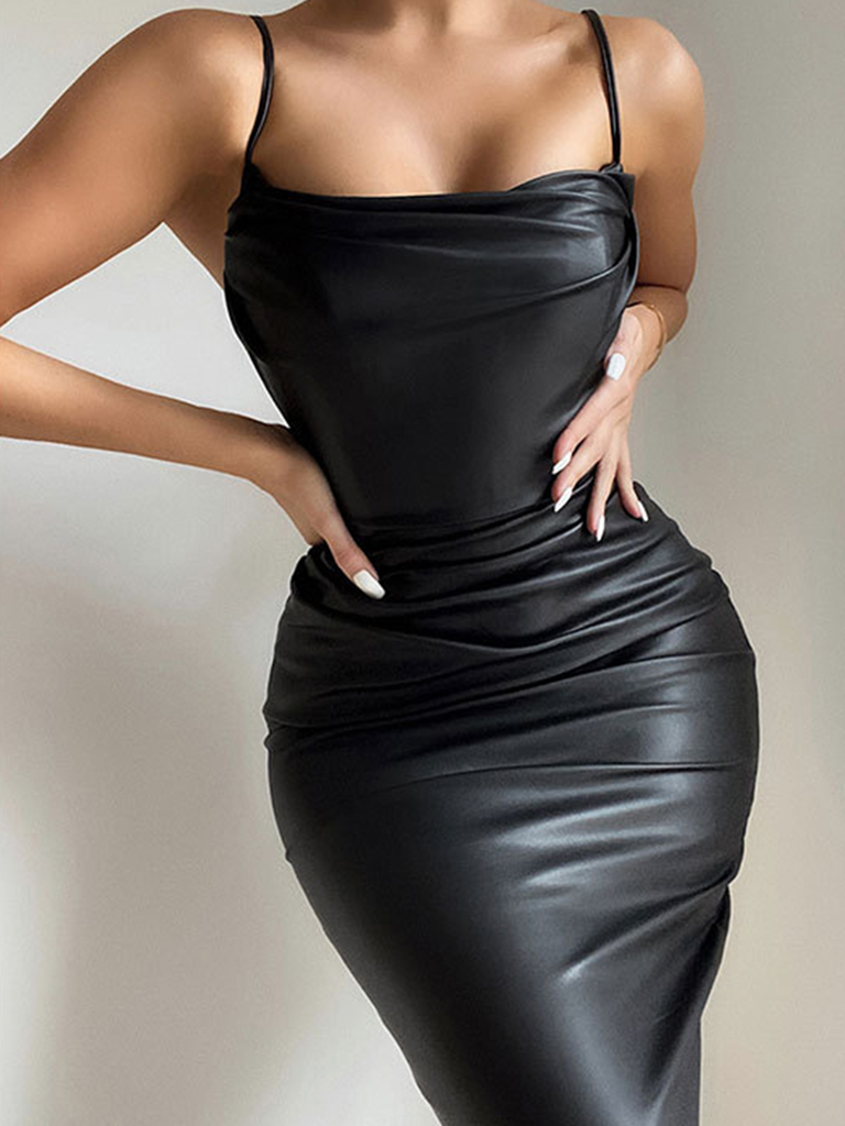 Nightclub sexy PU leather pleated strappy hip dress