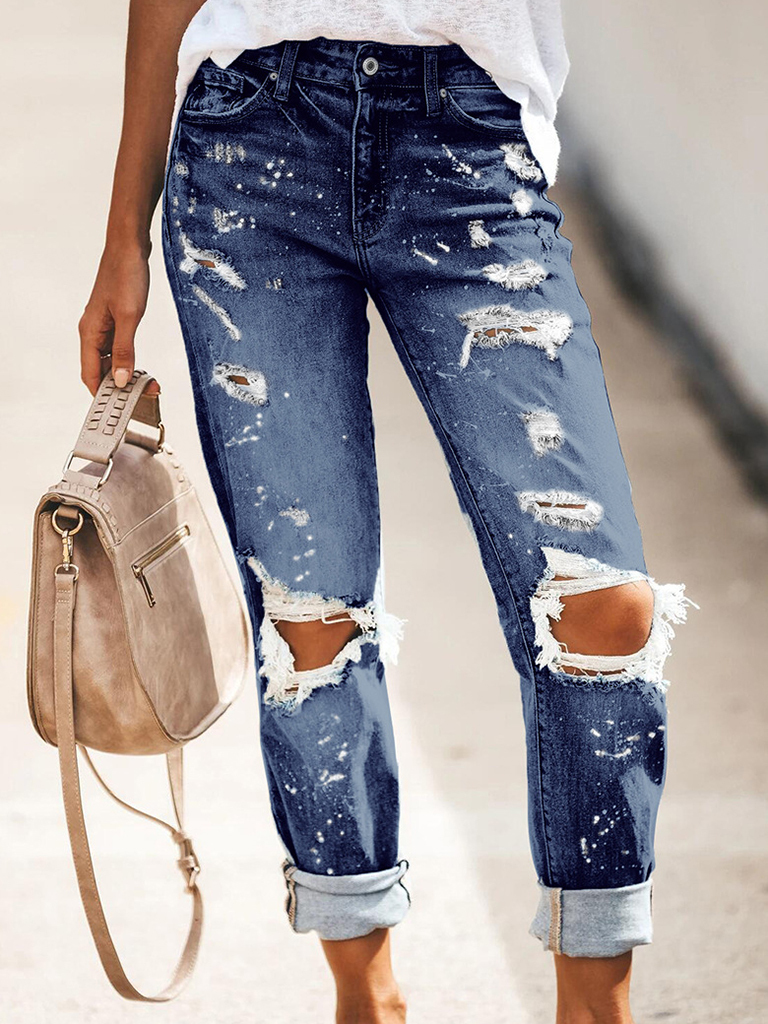 Stretch washed ripped straight-leg street style denim trousers