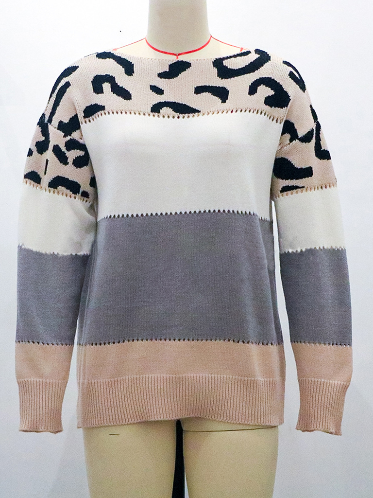 Leopard print round neck color block sweater autumn and winter new women's knitwear
