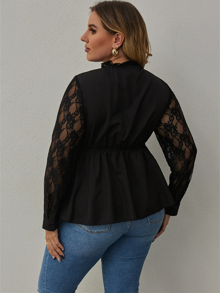 Plus  size lace sleeve long -sleeved stitching round neck irregular shirt