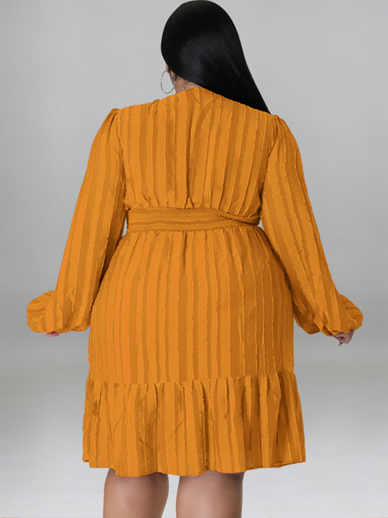 Plus size jacquard V-neck striped long-sleeved dress