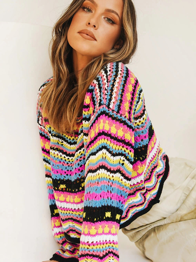 Splicing Knit Sweater Loose Intercolor Foreign Trade Round Neck Striped Sweater Women