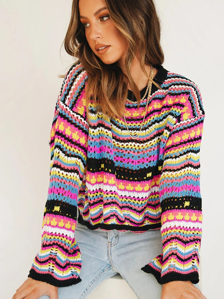Splicing Knit Sweater Loose Intercolor Foreign Trade Round Neck Striped Sweater Women