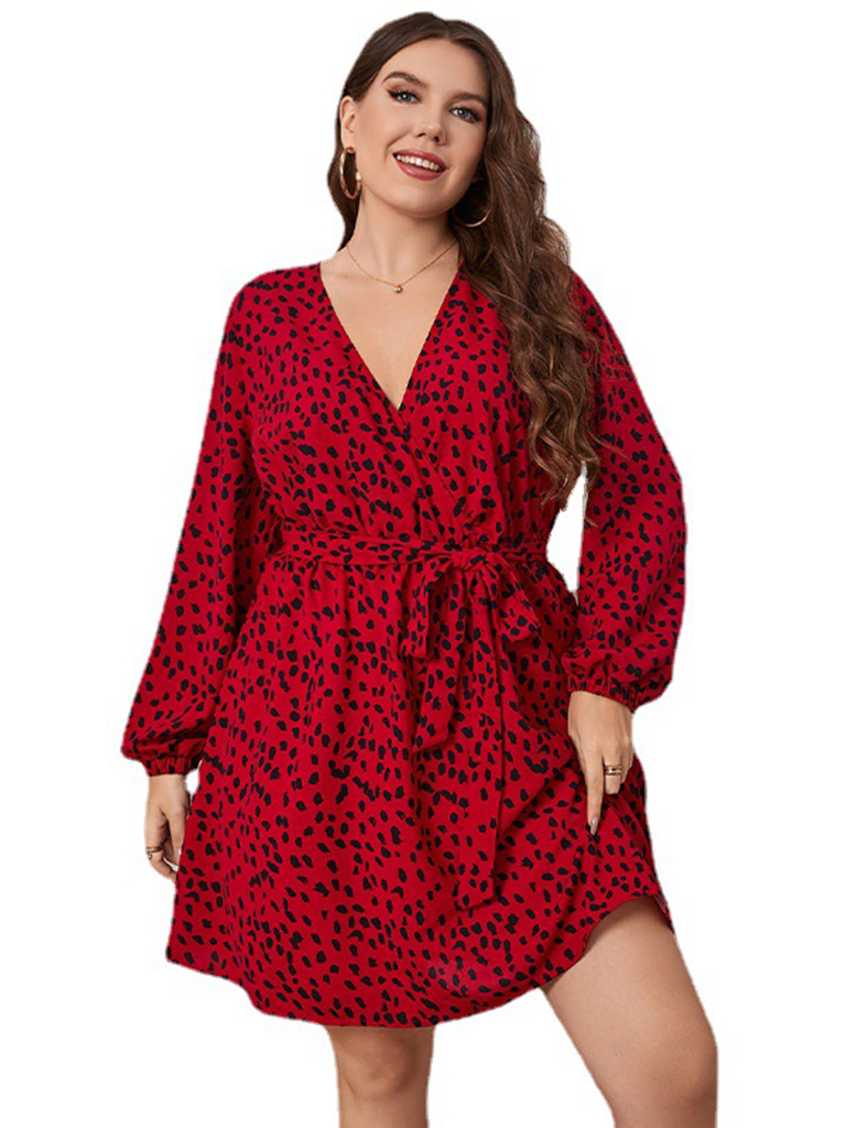 Plus size red temperament short temperament leopard print dress