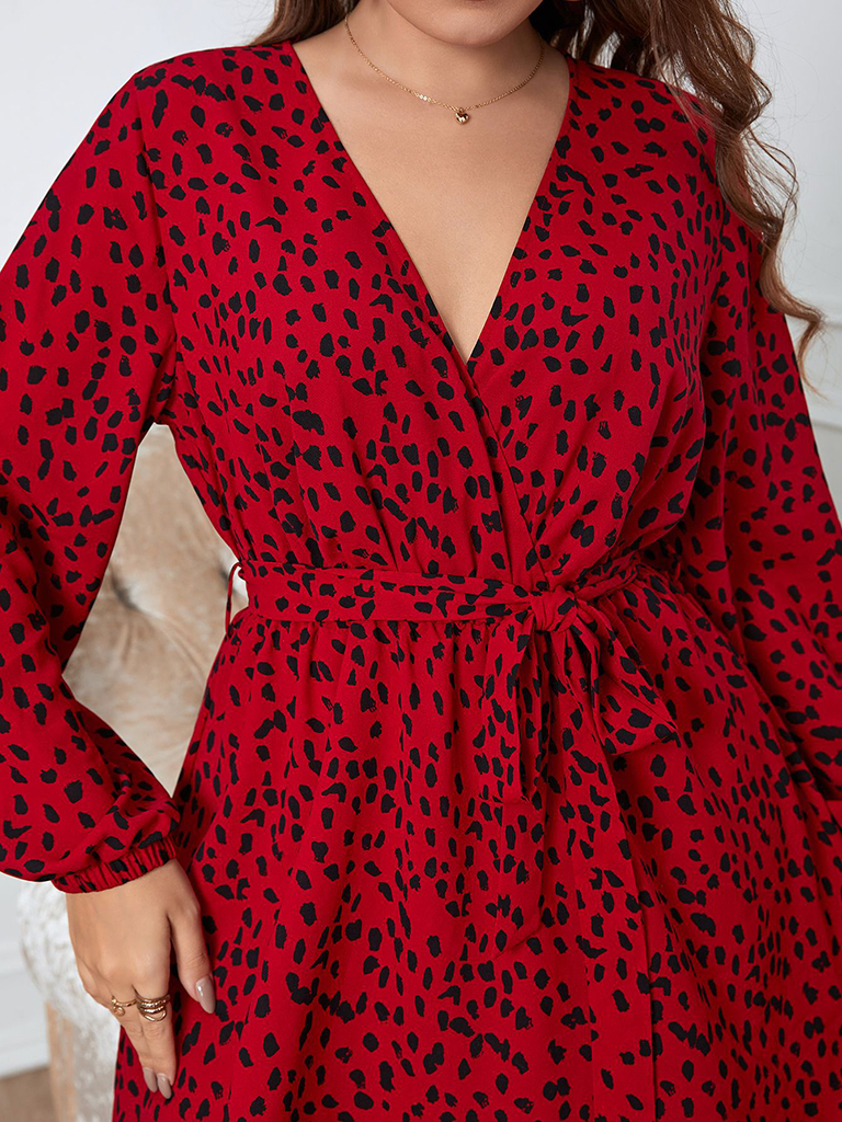 Plus size red temperament short temperament leopard print dress