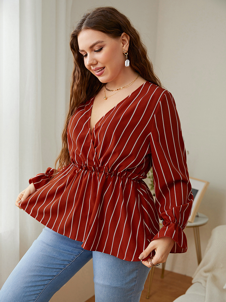 Plus size cotton loose striped style stitching lapel foreign style retro temperament commuter shirt