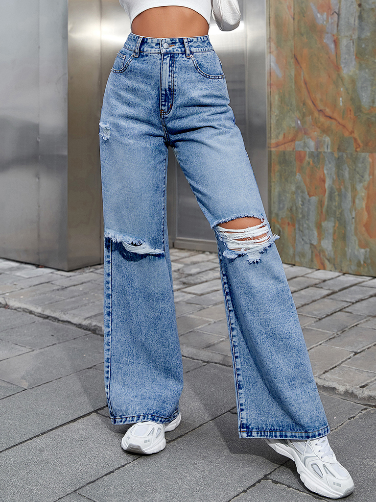 Women's Fashion ripped high waist wide leg casual denim trousers