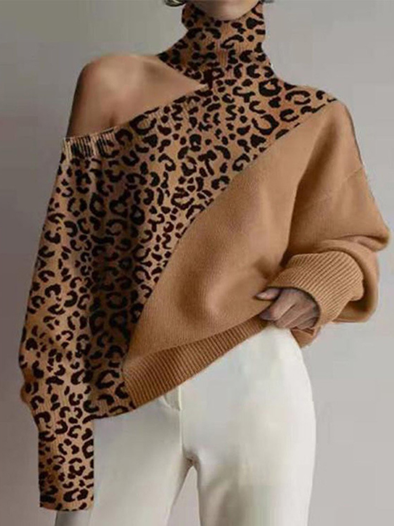 New style turtleneck off-the-shoulder knitted sweater women leopard print long-sleeved top