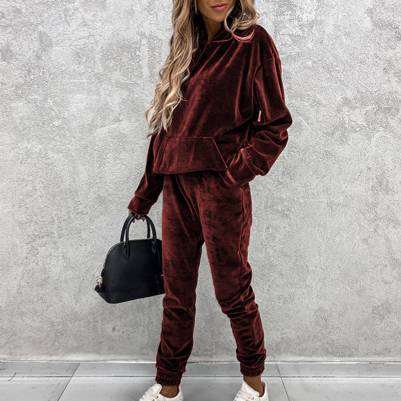 Women's solid color hooded sports casual velvet suit