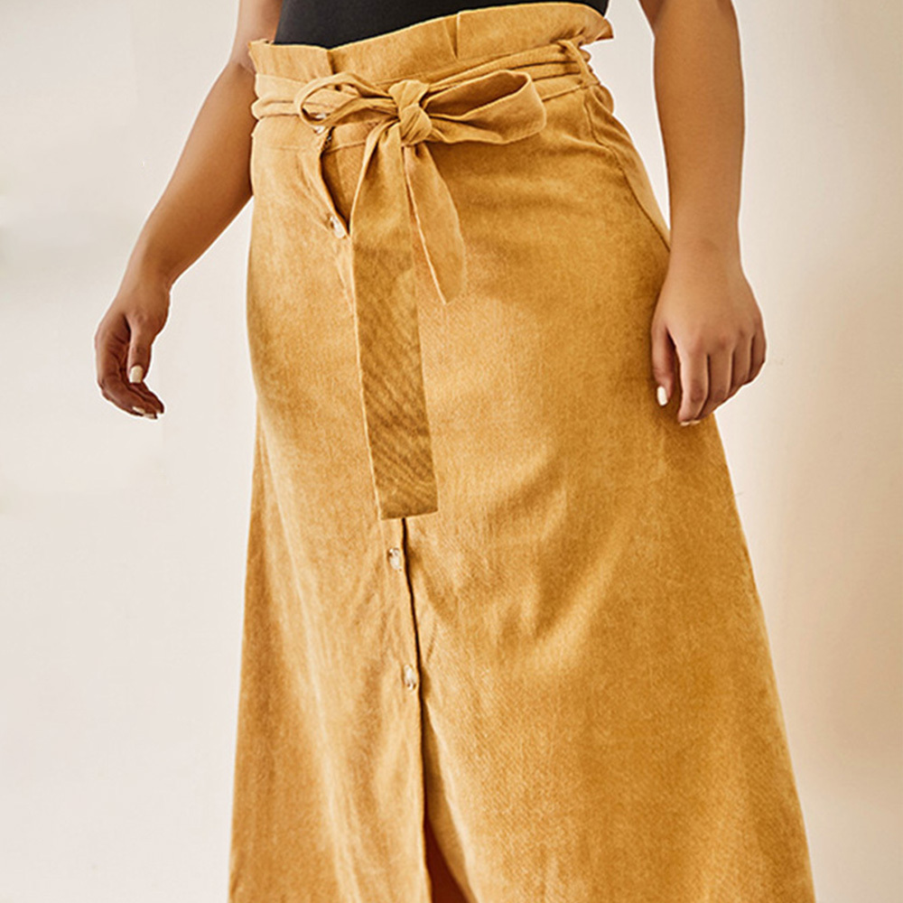 Plus Size Fashion Slim High Waist Corduroy Belt Single Breasted A Line Skirt