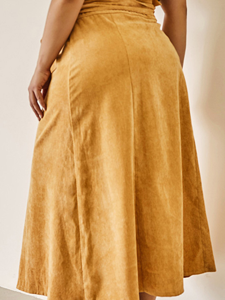 Plus Size Fashion Slim High Waist Corduroy Belt Single Breasted A Line Skirt