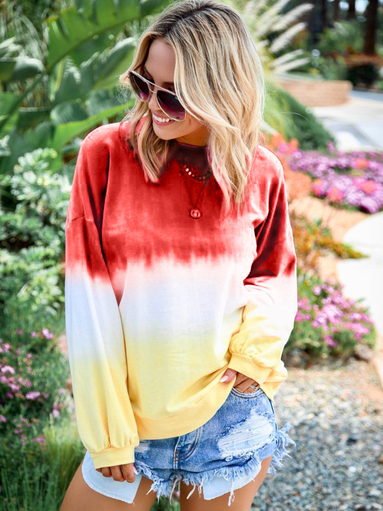 New Ladies Tie Dye Rainbow Gradient Print Long Sleeve Sweatshirt