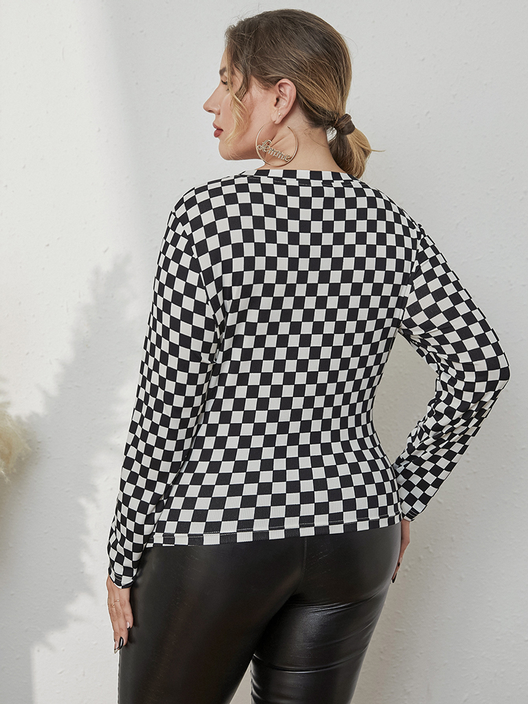 Plus Size Women's Knitted Skinny Checkerboard Round Neck Long Sleeve T-Shirt