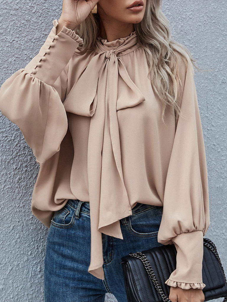 High-neck bow tie bubble long-sleeved loose all-match top