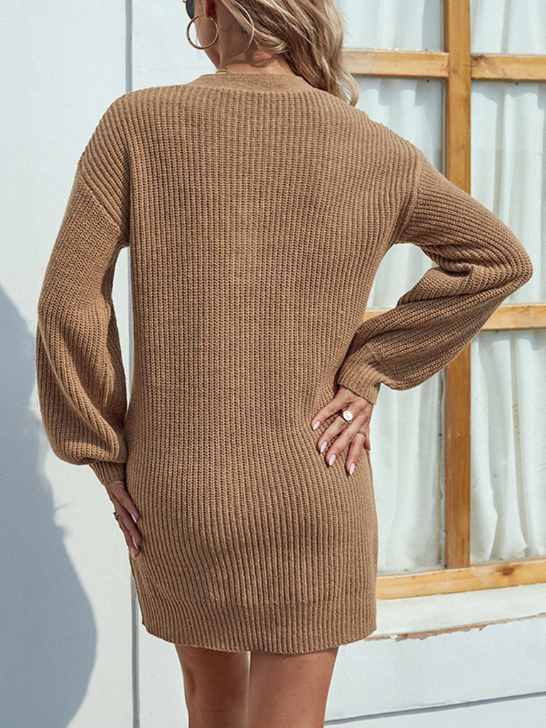 Solid color V-neck button mid-length lantern sleeve knitted sweater dress