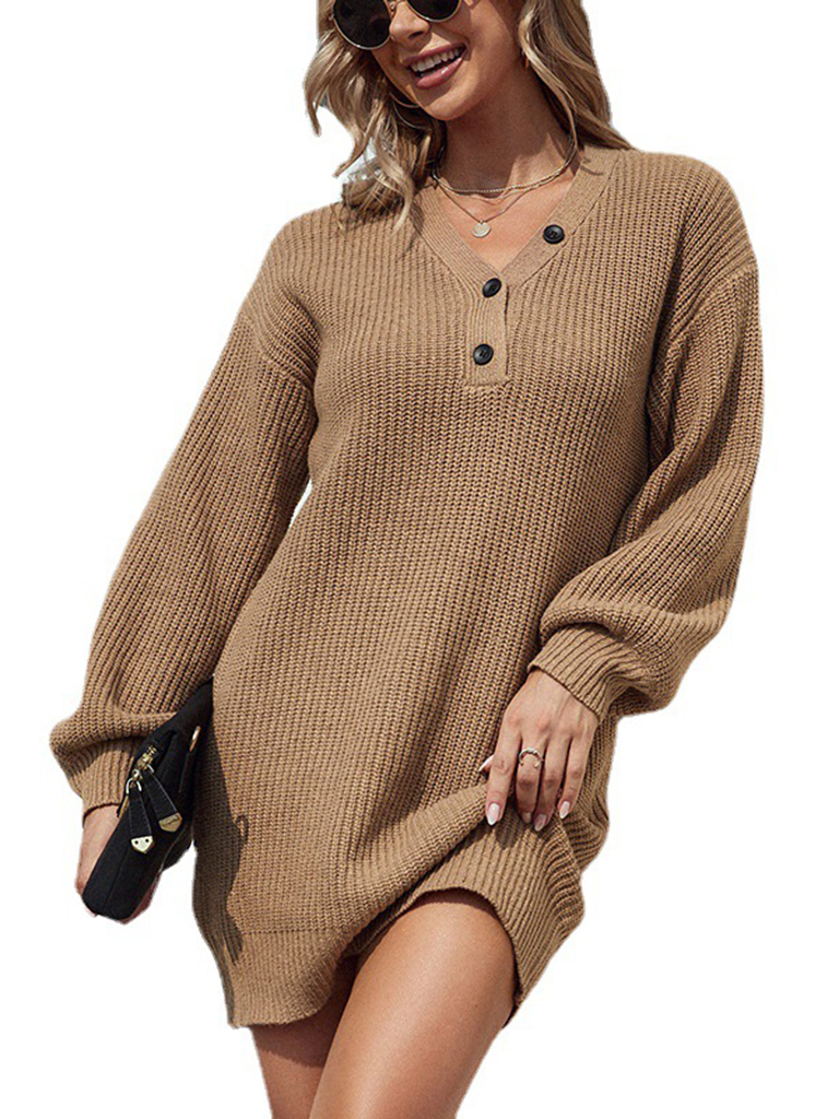 Solid color V-neck button mid-length lantern sleeve knitted sweater dress