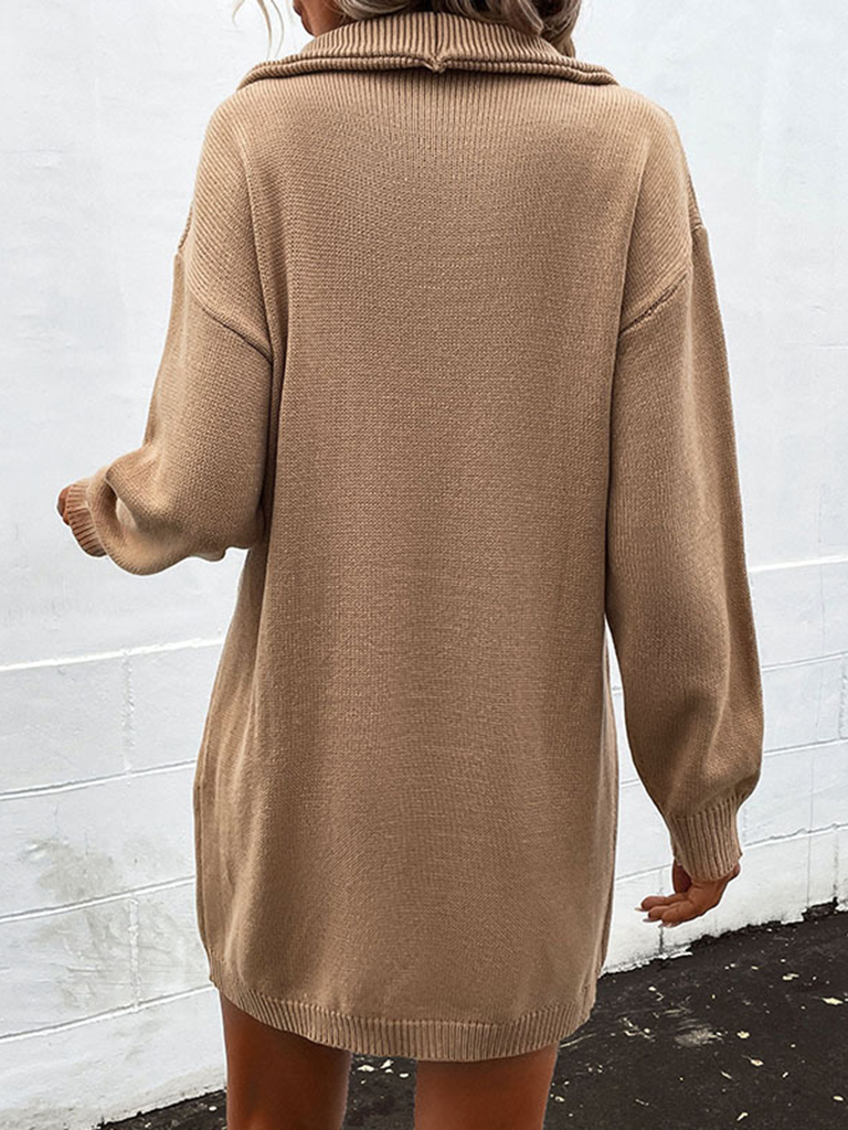 women's long sleeve half cardigan lapel collar sweater dress