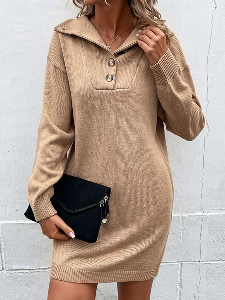 women's long sleeve half cardigan lapel collar sweater dress