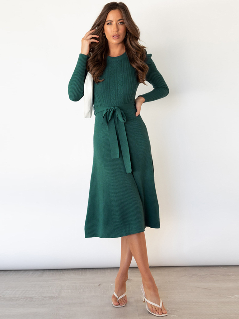 Women's wool knitted puff sleeve high waist mid length dress