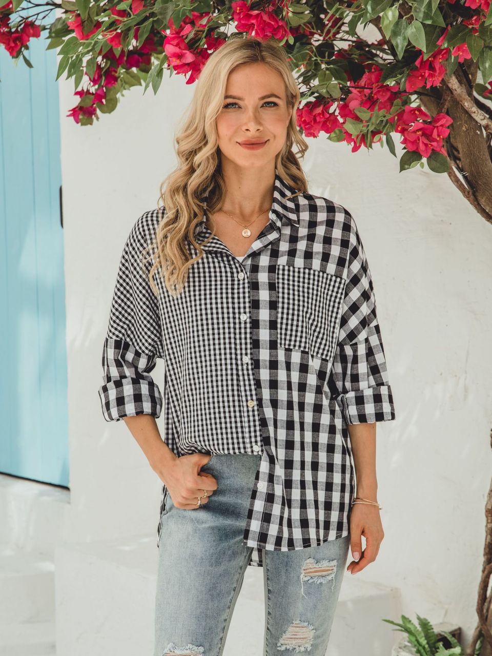 Women's casual loose woven long-sleeved asymmetric plaid shirt