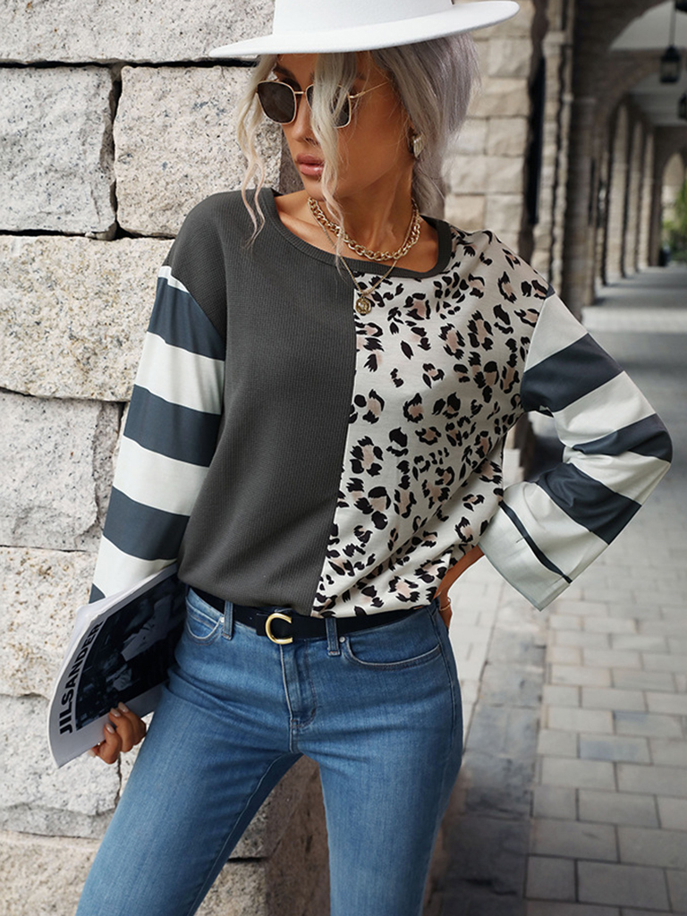 Women's leopard print stitching striped long-sleeved T-shirt