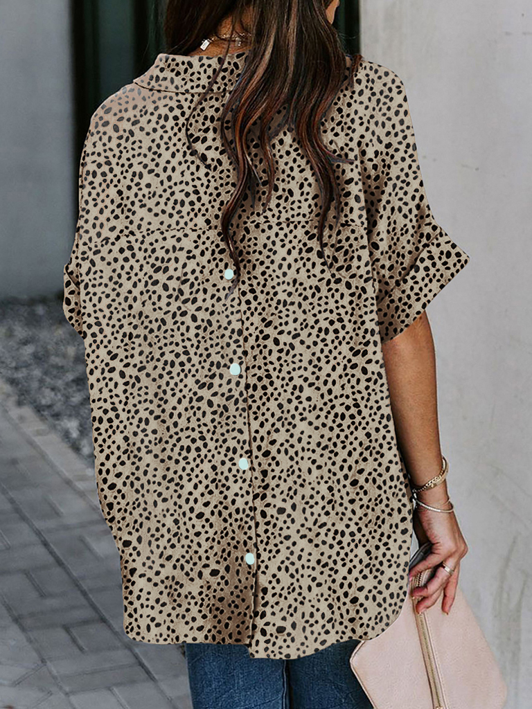 New half open V-neck leopard print short-sleeved shirt
