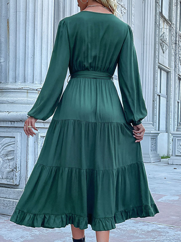 Women's Woven V-Neck Long-Sleeved Pleated Dress