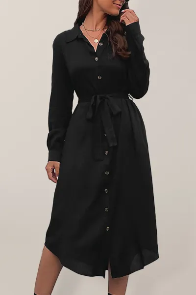Women's woven lapel long sleeve shirt dress