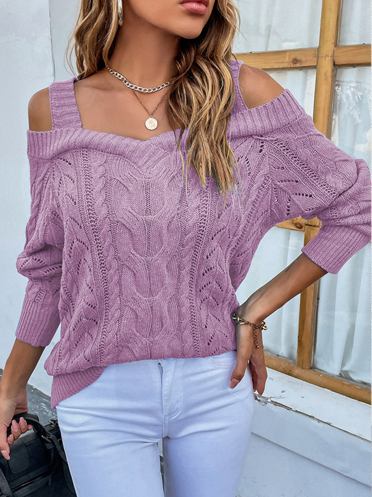 Women's Off-the-shoulder solid color braided long-sleeve sweater