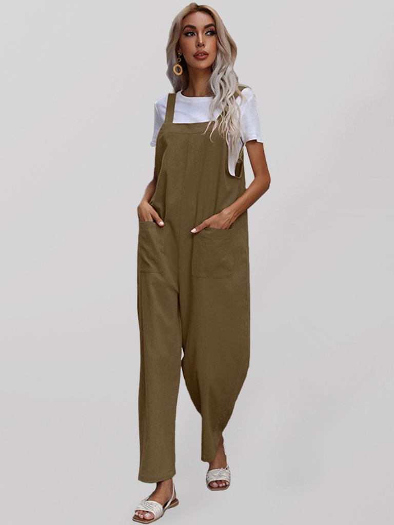 Trendy cotton and linen lazy style pure color sleeveless suspenders one-piece overalls for women