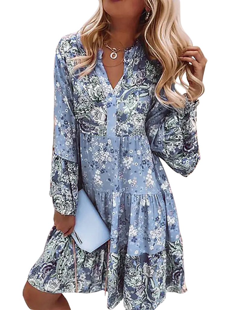 New V-neck floral mosaic printed skirt cropped sleeve layered mini dress