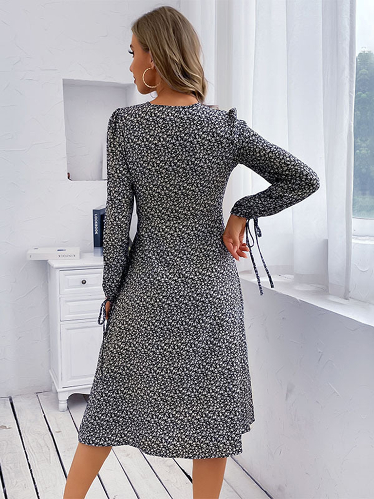 Women's Woven V-Neck Printed Long-Sleeved Slit Dress