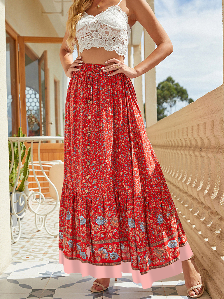 Bohemian Long Skirt Ethnic Print Elastic High Waist Tie Button Slit Holiday Travel Skirt