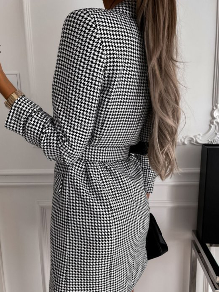 Women's houndstooth long-sleeve belted double-breasted dress