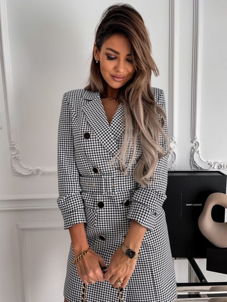 Women's houndstooth long-sleeve belted double-breasted dress