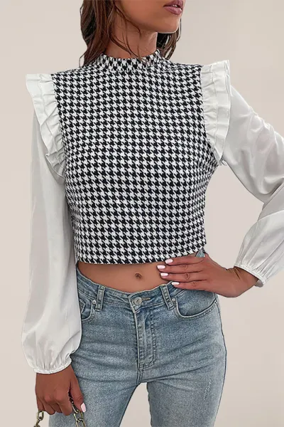 Women's Woven Mock Neck Long Sleeve Houndstooth Shirt